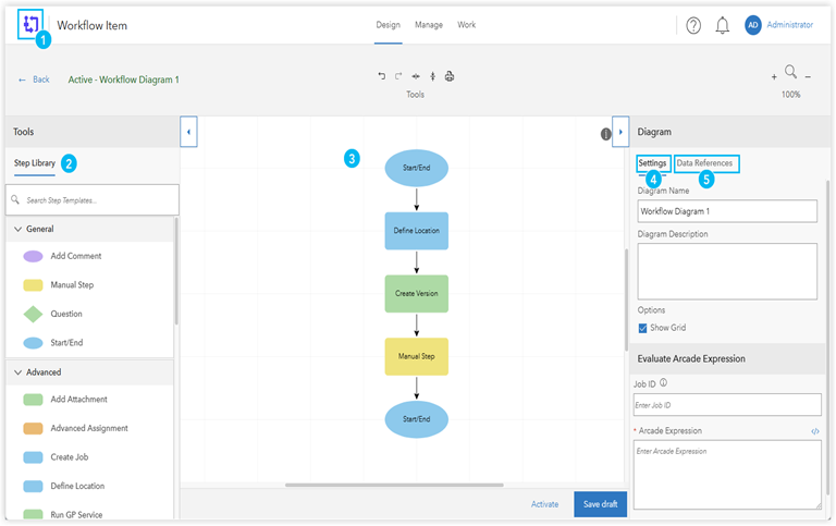 Design page with the Step Library panel, workflow canvas, and Settings panel Design page with the Step Library panel, workflow canvas, and Settings panel